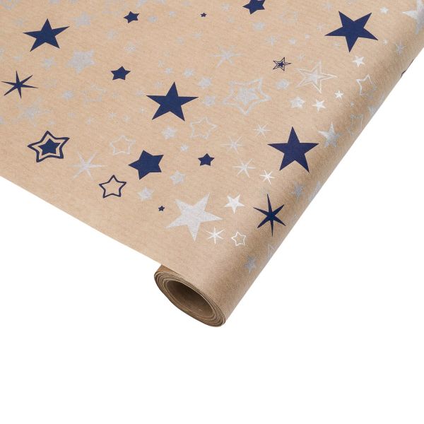 Бумага упаковочная крафт 40 г/м², 70 см / 10 метров, Звезды, голубой/серебро