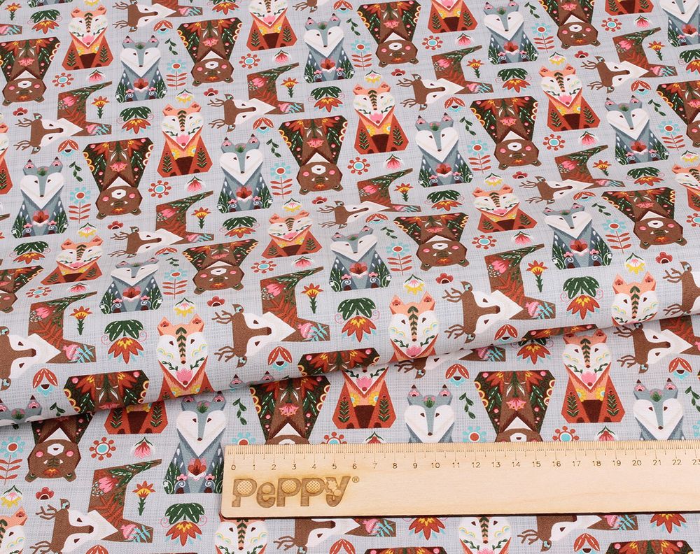 Ткань для пэчворка Peppy Лесные жители, отрез 50х55 см, 146 г/м², ЛЖ-12 серый, Peppy