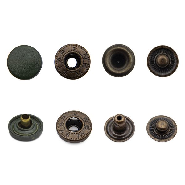 Кнопка Альфа (S-образная) ⌀15.0 мм, ≈72 шт, шляпка пластик + отв.части МЕТАЛЛ, 327 хаки + отв.части антик, NEW STAR