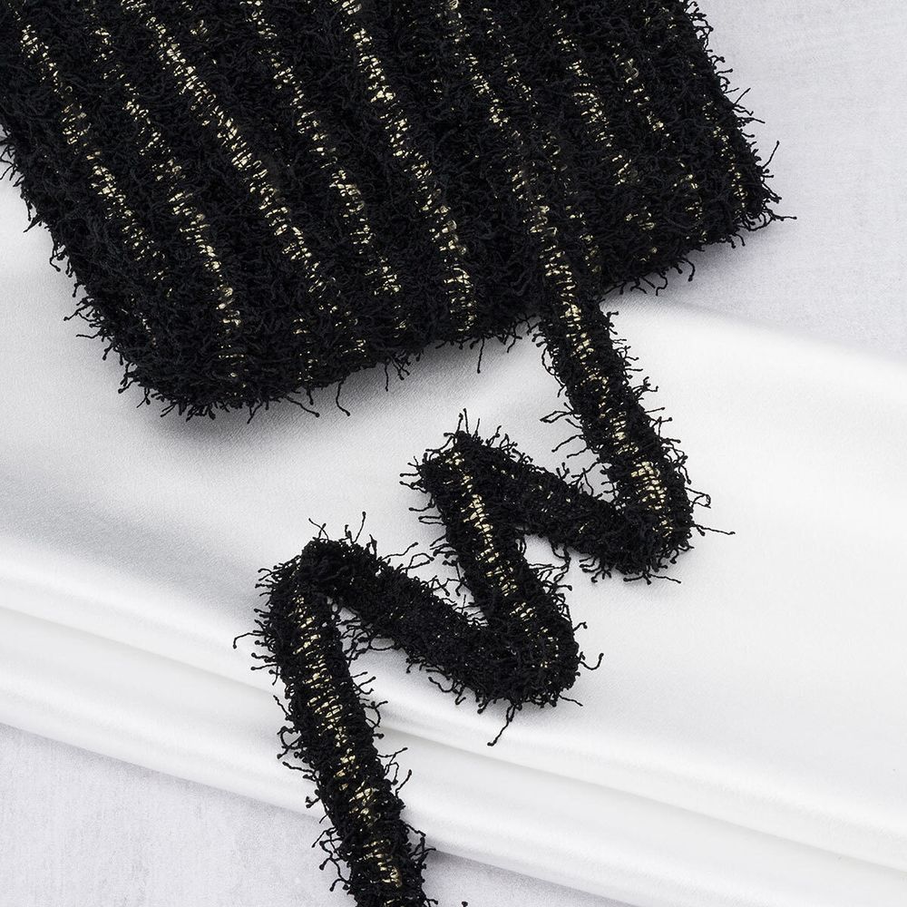 Тесьма отделочная твидовая 25 мм / 41.14 метра, с люрексом, черный/золото, 3Al280