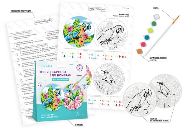 Картина по номерам Фрея PNBM-025, Красочные птицы, (на магните) 9х9 см