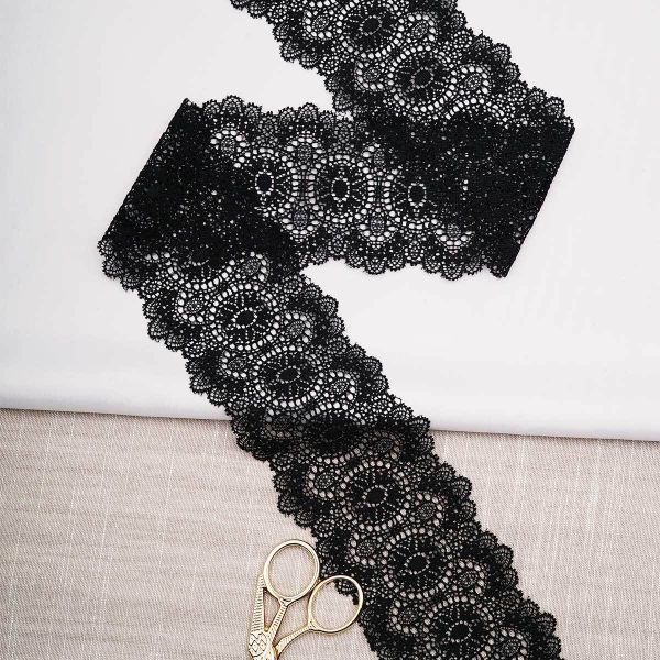 Кружево эластичное (стрейч) 80 мм / 13.72 метра, черный, 3AR3777