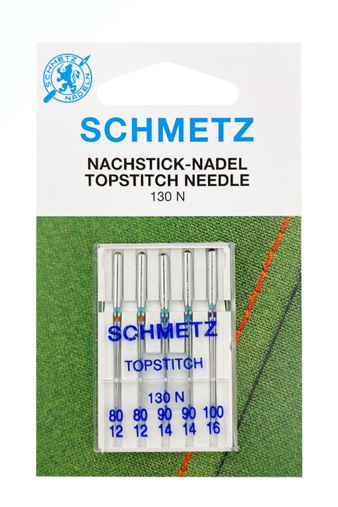 Иглы для швейных машин Schmetz Top Stitch 130/705H №80(2), 90(2), 100, 5 шт., 08:90 2 VIS, 10 блист.