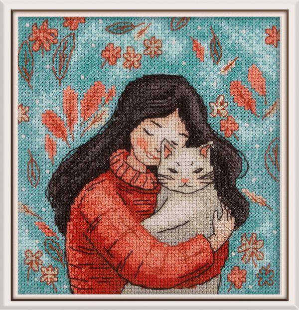 Набор для вышивания нитками Klart 8-559, Девушка с котом, 12х13 см
