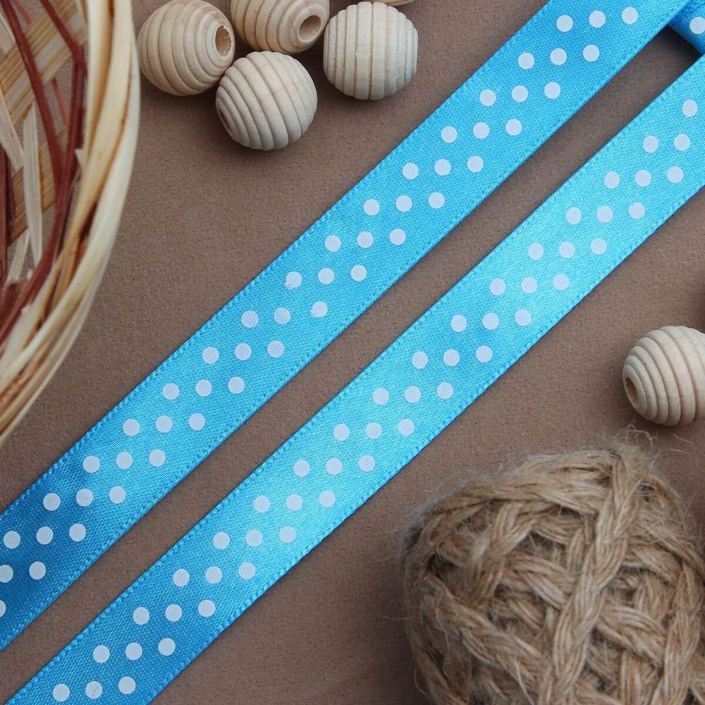 Лента атласная в горошек 15.0 мм / 3 метра, голубой, Globus