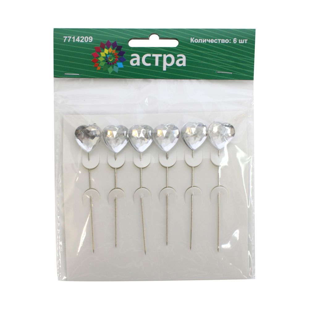 Булавки декоративные с сердечками, упак., 6 шт, Астра