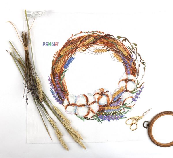 Набор для вышивания нитками Panna, Венок с лавандой и хлопком, 35х33,5 см