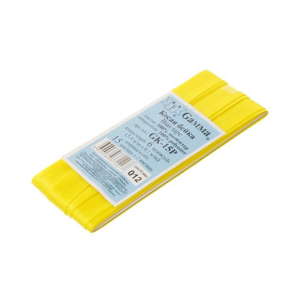 Косая бейка атласная 15 мм / 5 шт по 5.4 метра, №012 яр.желтый, Gamma GK-15P