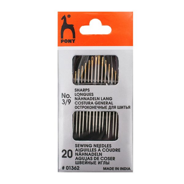 Иглы ручные, с золотым ушком №3-9, 20 шт, Pony