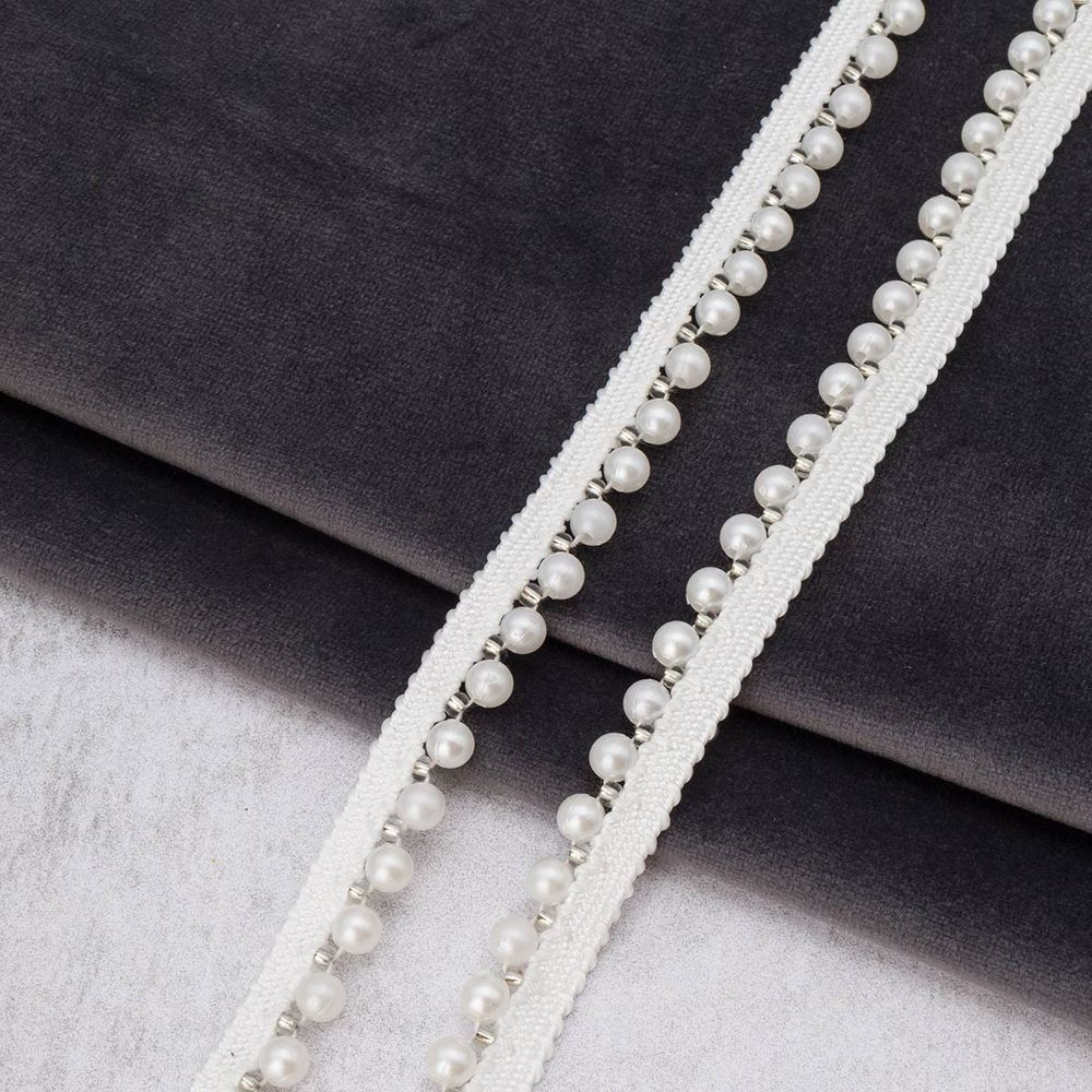 Кант декоративный с бусинами жемчуг и бисером 14 мм, / 9.14 метра, белый