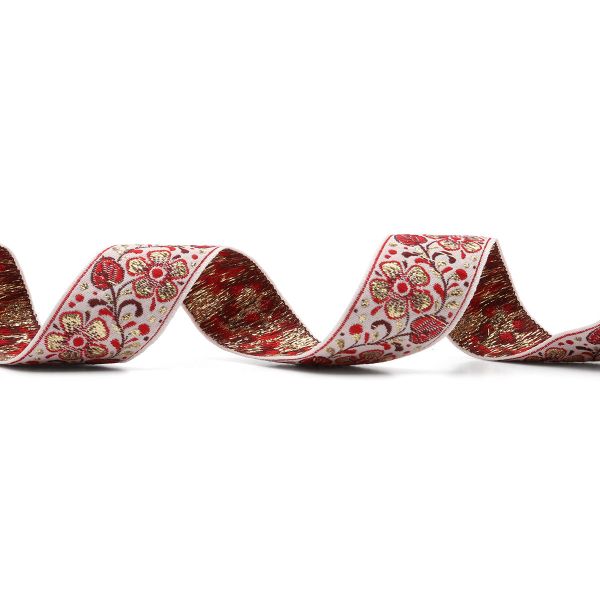 Лента (тесьма) жаккардовая 32.0 мм / 25±1 метров, с метанитом Яблоневый цвет, рис. 9565 белый / золотой / красный, С3104Г17