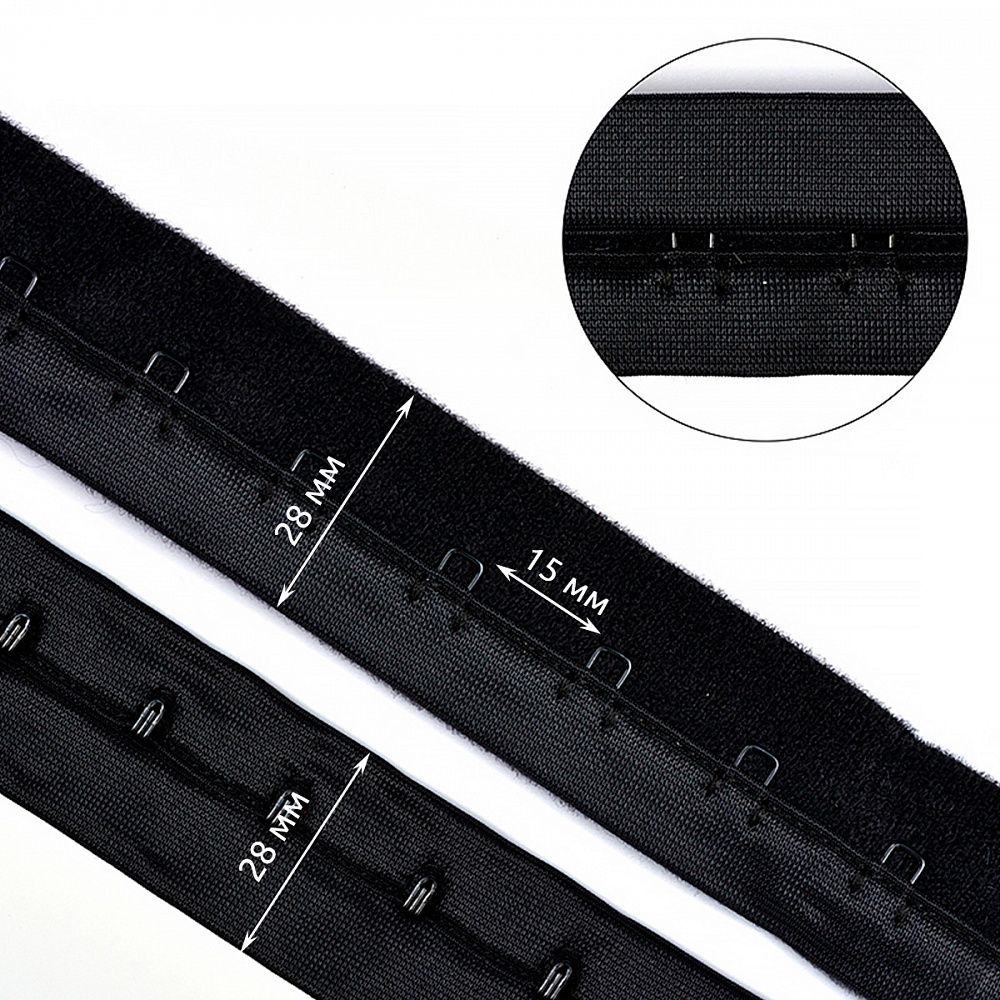Застежки для бюстгальтера текстильные на мягкой ленте (1 ряд) 28 мм / 5 метров, шаг 15 мм, TBY-76177 цв.черный