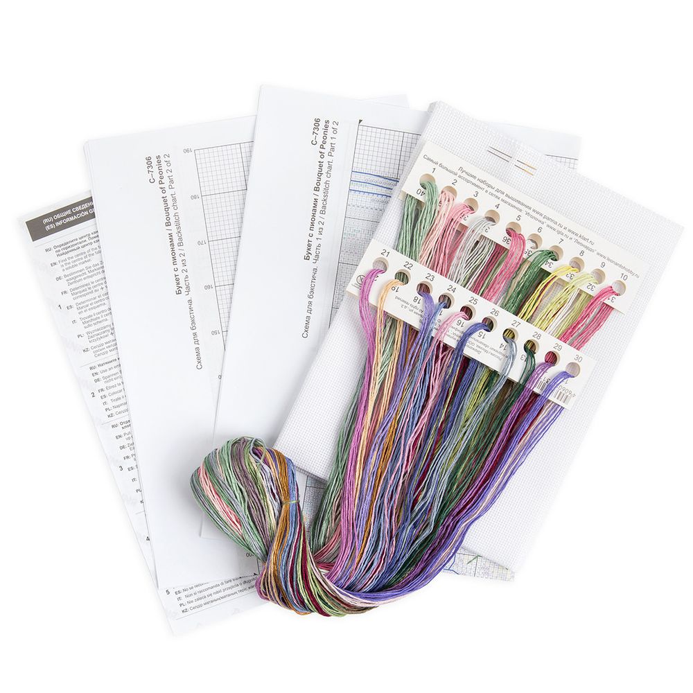 Набор для вышивания нитками Panna, Золотая серия. Букет с пионами, 34.5х32 см