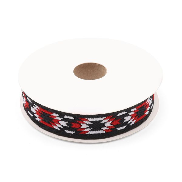 Лента (тесьма) жаккардовая 20.0 мм / 10±0.5 метров, Геометрический орнамент 20279 V1 черный/красный
