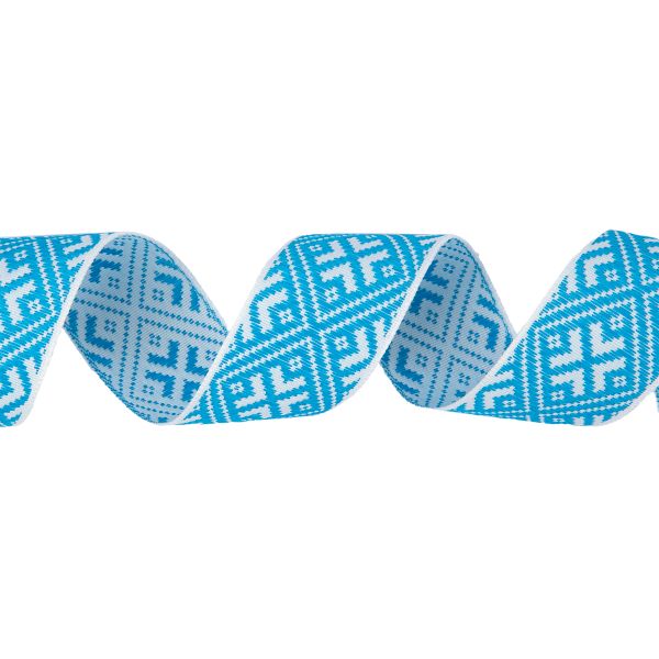 Лента (тесьма) жаккардовая 32.0 мм / 25 метров, Орнамент для северных народов, рис 9894 белый/бирюзовый, Gamma С3774