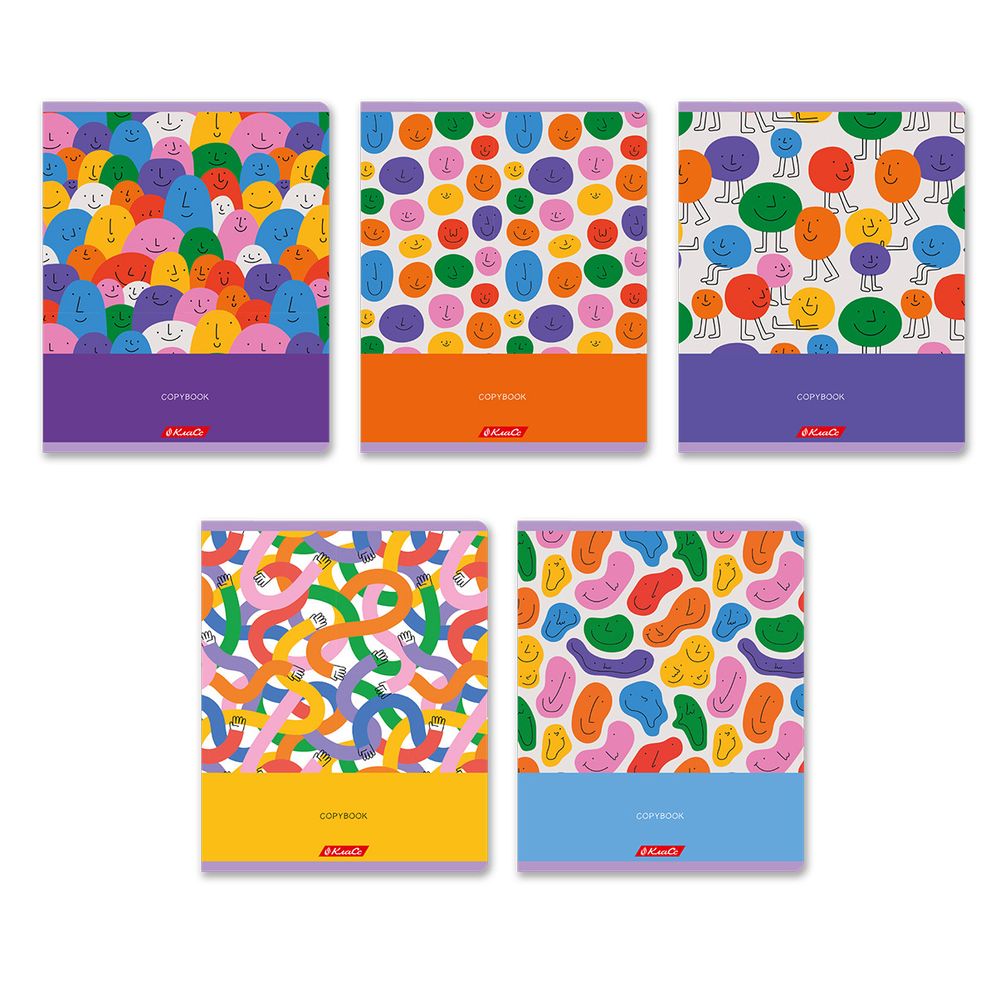 Тетрадь ученическая общая, глянцевая ламинация, A5+ 96 л. на скобе 60 г/м², белизна 100%, 5 шт, клетка в термоусадочной пленке, 000788 Рожицы, Светоч 96ТЕТк-004