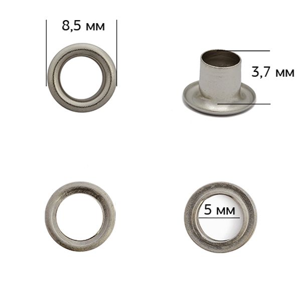 Люверсы металл ⌀_5.0 мм (внутр.), внешн. ⌀8.5 мм (внутр.), h3.7 мм (внутр.), №3, сталь, цв. никель черный, 1000 шт, TBY