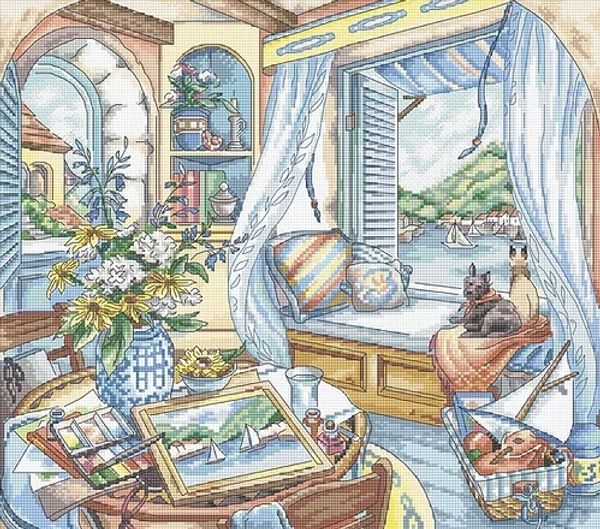 Набор для вышивания нитками LetiStitch, Сиденье у окна 33х29 см