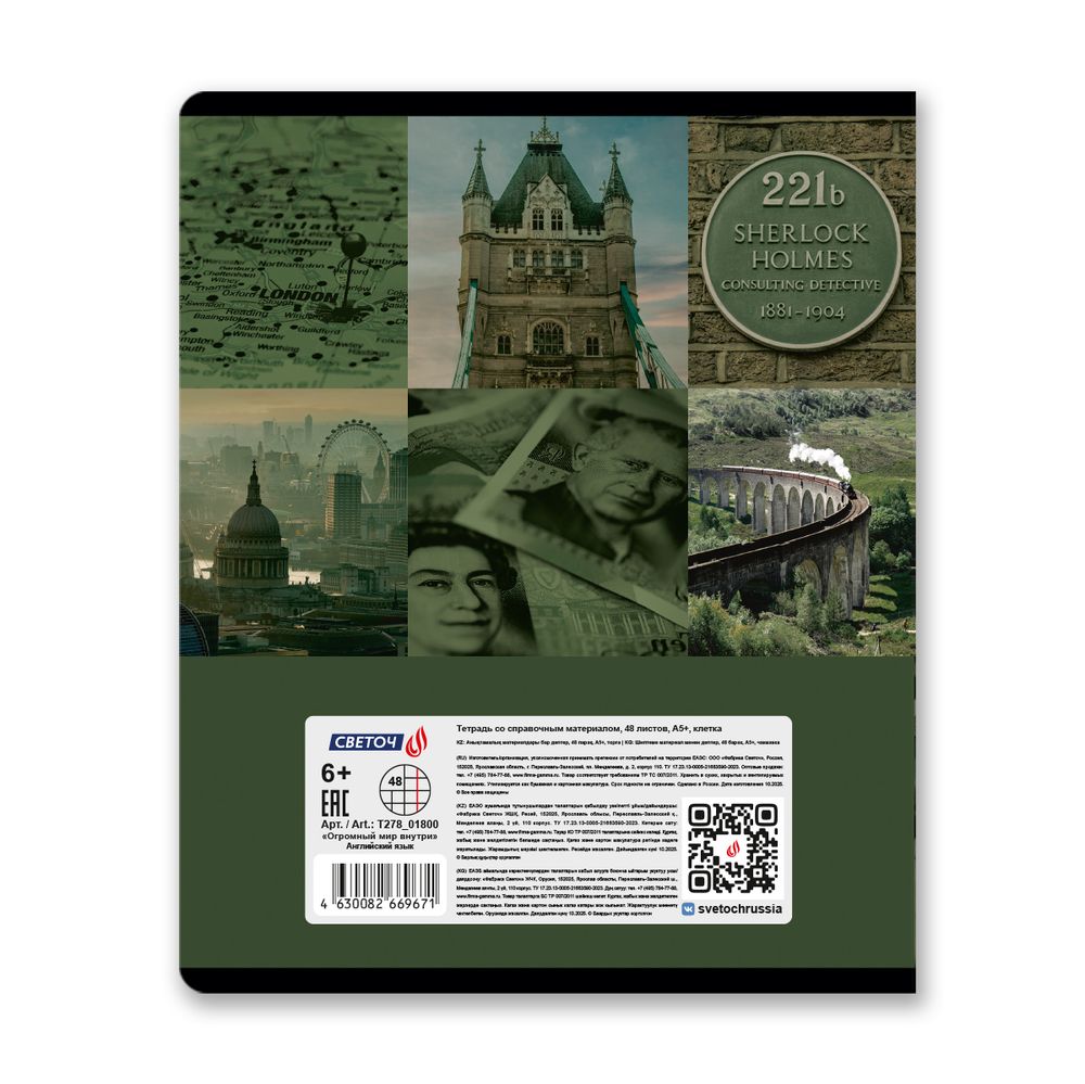 Тетрадь со справочным материалом Огромный мир внутри, A5 48 л. на скобе 60 г/м², белизна 90% 10 шт клетка, 01800 Огромный мир внутри Английский язык, Светоч Т278
