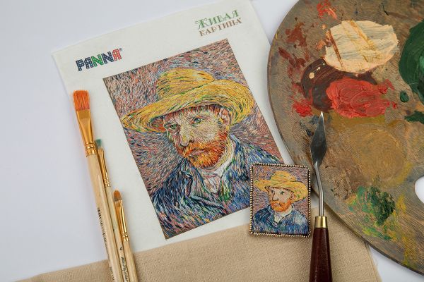 Набор для вышивания нитками Panna, Живая картина. брошь Автопортрет в соломенной шляпе, 5х6 см