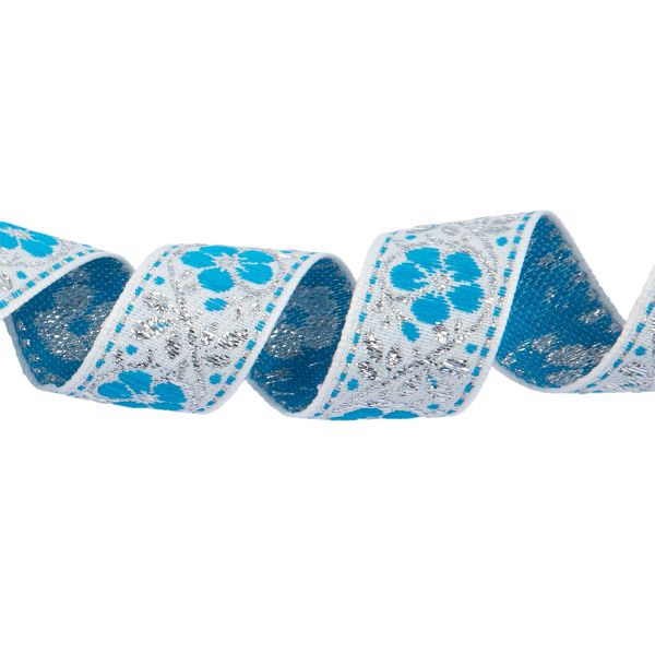 Лента (тесьма) жаккардовая 23.0-25.0 мм / 25 метров, ЦВЕТЫ, белый/под серебро, Blitz