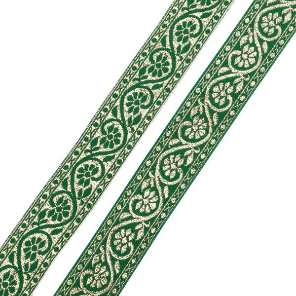 Лента (тесьма) жаккардовая 32.0 мм / 25±1 метров, с метанитом рис. 9819, зеленый/золото, С3104Г17