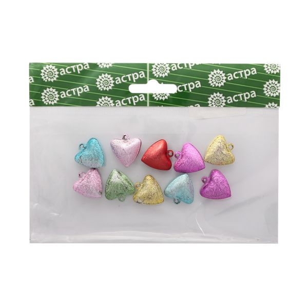 Бубенчики 20 мм, 10 шт, сердце, ассорти