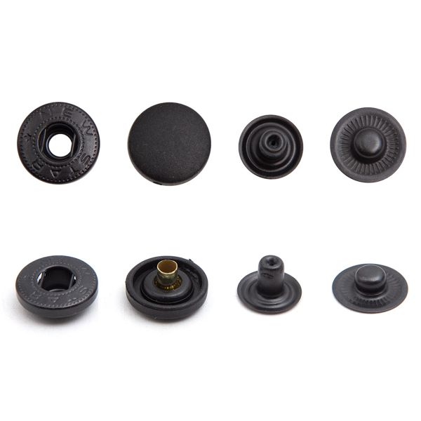 Кнопка Альфа (S-образная) ⌀15.0 мм, ≈72 шт, шляпка пластик + отв.части МЕТАЛЛ, 322 черный + отв.части оксид, NEW STAR