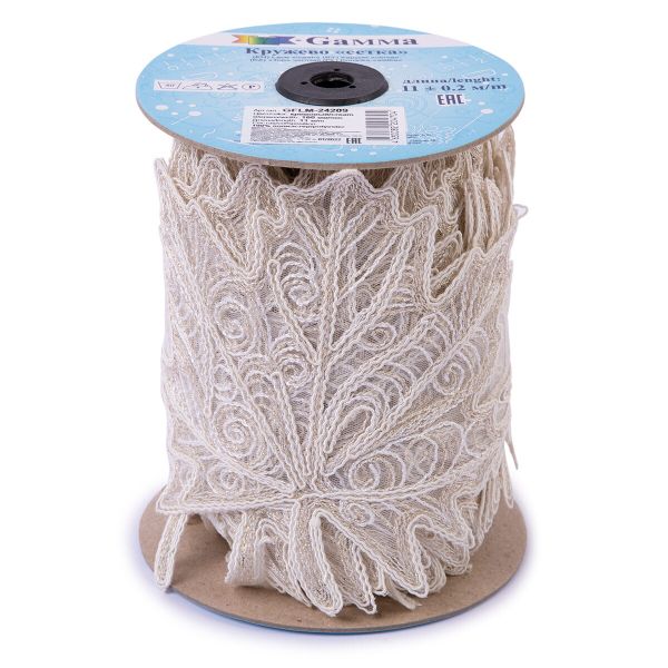 Кружево на сетке широкое 160 мм / 11 м, кремовый, Gamma GFLM-24209