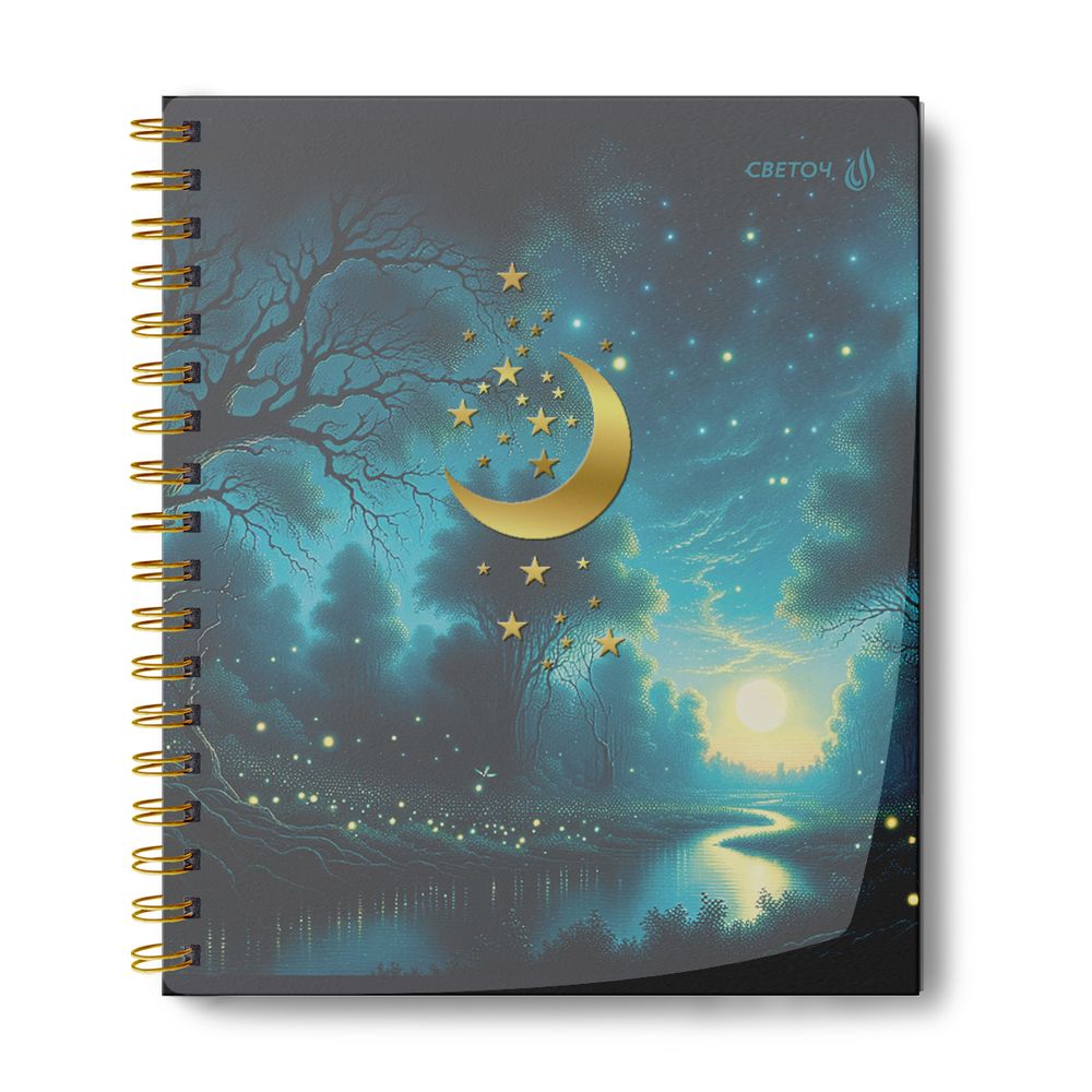 Тетрадь общая с пластик. обложкой с тисн. золотой фольгой, цвет. запечат. титульн.лист, 400 мкм, A5 96 л. на гребне 65 г/м², белизна 100% 4 шт клетка, 01539 Тишина звёздной ночи, Светоч ТЕТ96-003
