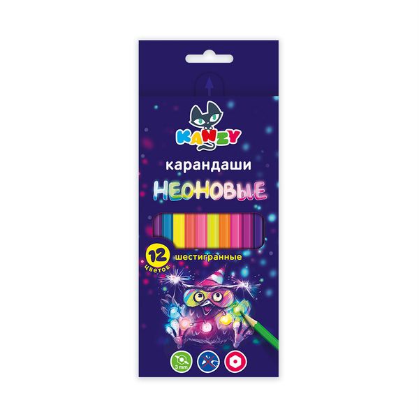 Набор неоновых карандашей Веселый совенок NCP-4012 заточенный 8х12 цв, Kanzy NCP-4012