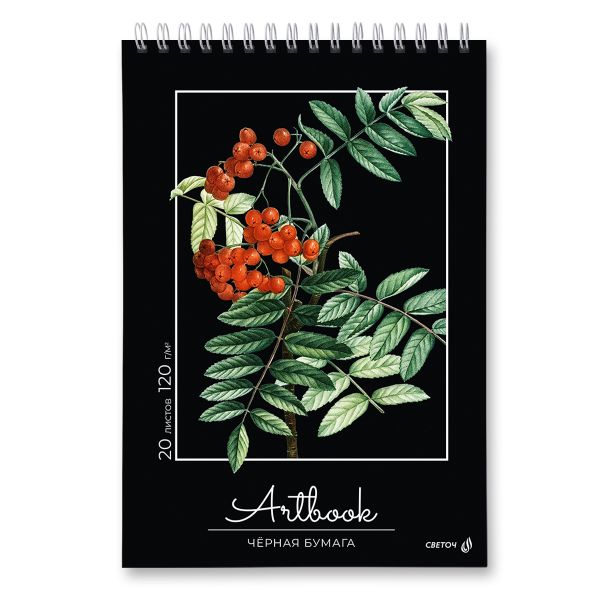 Артбук (скетчбук), блок черный, жесткая подложка, 120 г/м², 230х330 мм, на гребне 20 л. 2 шт, Рябина 01952, Светоч А310