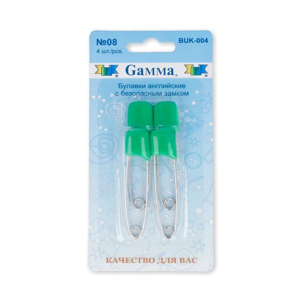 Булавки английские безопасные 53 мм, 4 шт, 08 зеленый, Gamma BUK-004