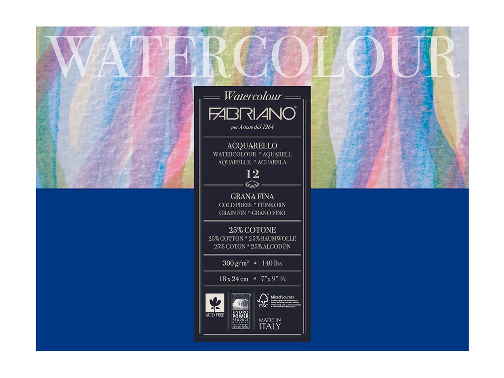 Альбом для акварели Watercolour 300 г/м², 18х24 см, склейка с одной стороны 12 л, среднезернистая, Fabriano