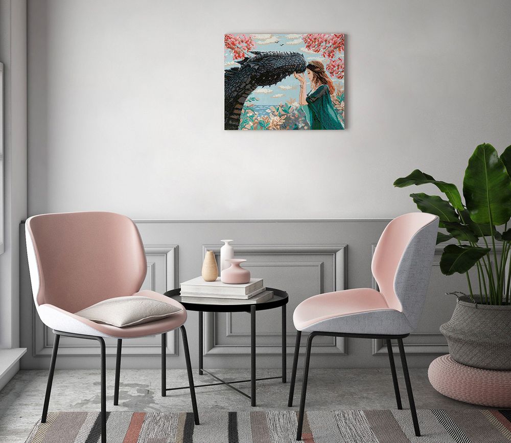 Алмазная (кристальная) мозаика Фрея, на подрамнике Девушка с драконом, 50х40 см