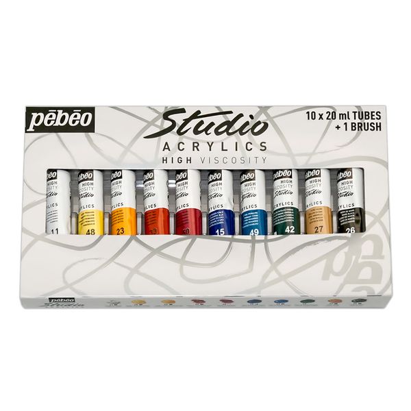 Краска акриловая набор Studio Acrylics с кистью 10 цв. 20 мл, Pebeo