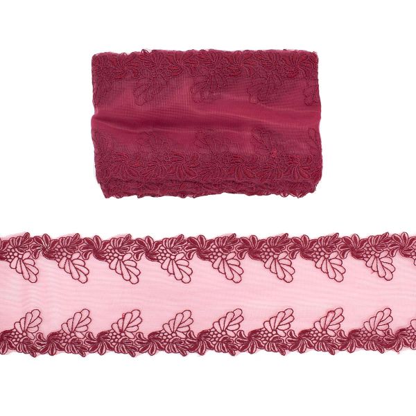 Кружево на сетке широкое 120 мм, матовое,13.72м, цв.бордовый