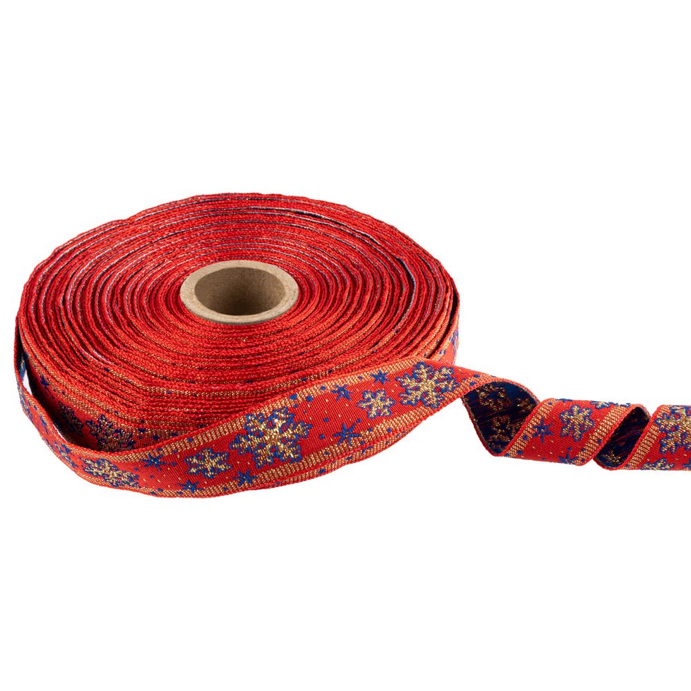 Лента (тесьма) жаккардовая 23-25.0 мм / 25 метров, рис. 8887В, лента, Снежинка, красный/синий/золото, Blitz С1857 рис. 8887В