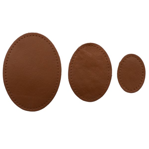Набор заплаток пришивных из кожи, овал 4х5,5см, 6х8,2см, 8х10,9см, с перфорацией, 3 шт (02 светло-коричневый), 9404