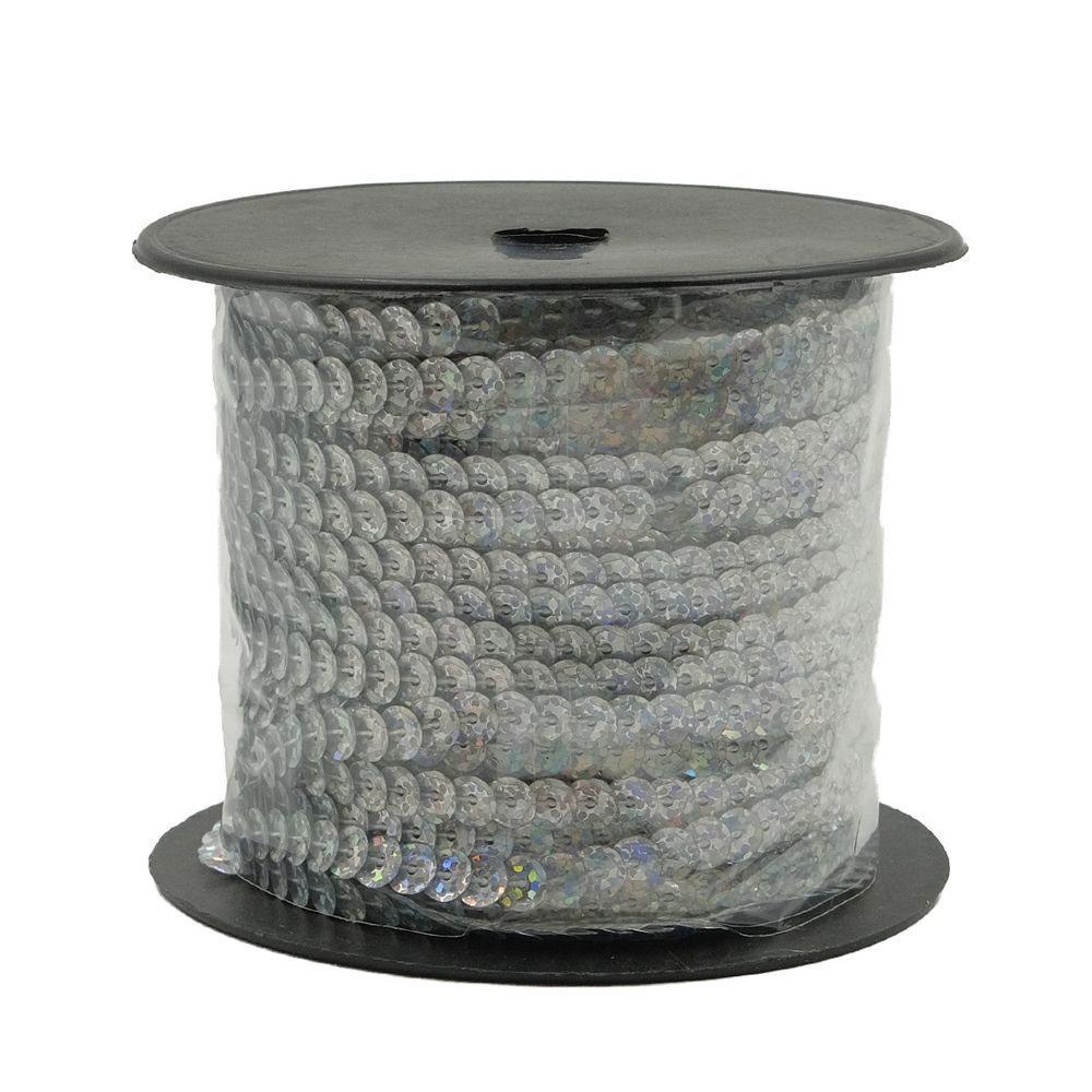 Тесьма пайетки, 6 мм, 73м (50112 серебро)