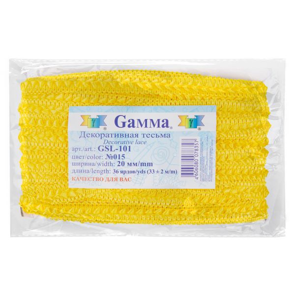 Тесьма декоративная Gamma Самбоса GSL-101 20 мм, 33 м, 015 желтый