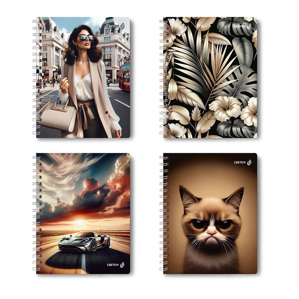 Тетрадь ученическая общая с двойной обложкой, A5 96 л. на гребне 65 г/м², белизна 100 %, 4 шт, клетка, 01210 МИКС - Супер - ассорти, Светоч Т118