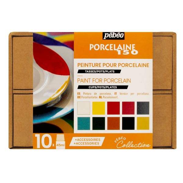 Набор красок Porcelaine 150 Коллекция по фарфору и керамике под обжиг с аксессуарами 10 цв. 45 мл, 758471, Pebeo