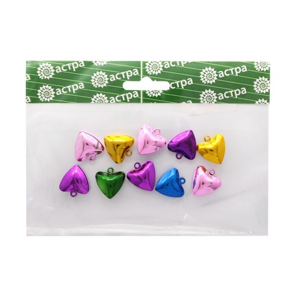 Бубенчики сердце, 2см, ассорти, 10 шт