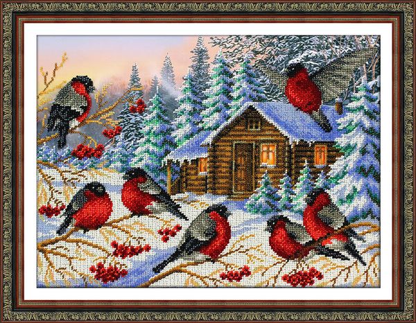 Набор для вышивания бисером Паутинка, Снегири 38х28 см