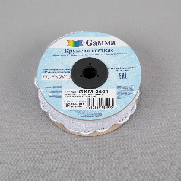 Кружево на сетке 34 мм / 10 м, белый, Gamma GKM-3401