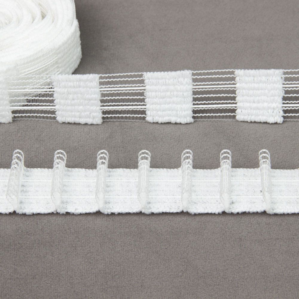 Лента (тесьма) шторная: сборка параллельная (1:2) 25 мм / 50 метров, (2 шнура) для велкро, белый, С0(1/2)5