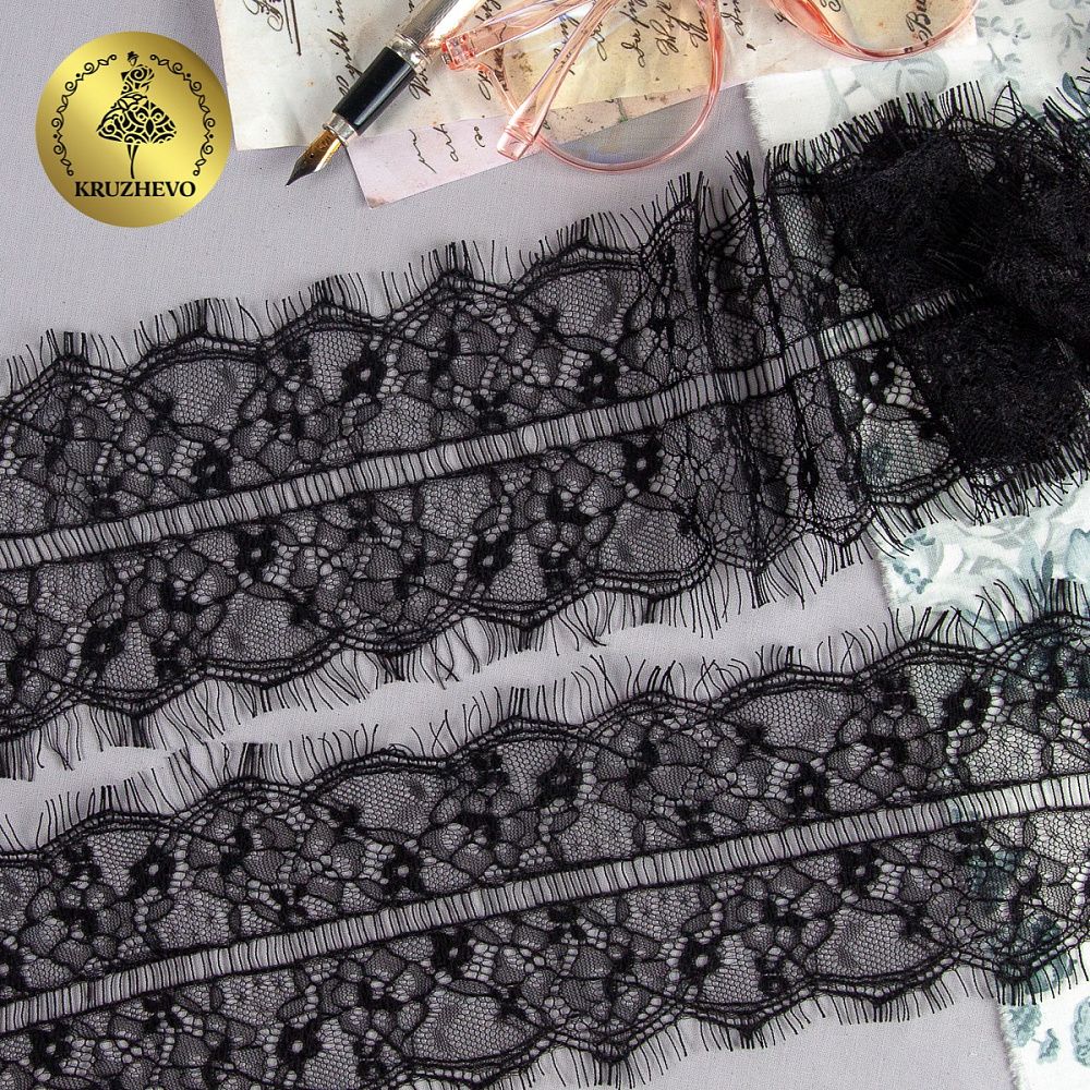 Кружево шантильи (реснички) 110 мм, цв.2 черный уп. 15 м, по 3 м, Kruzhevo