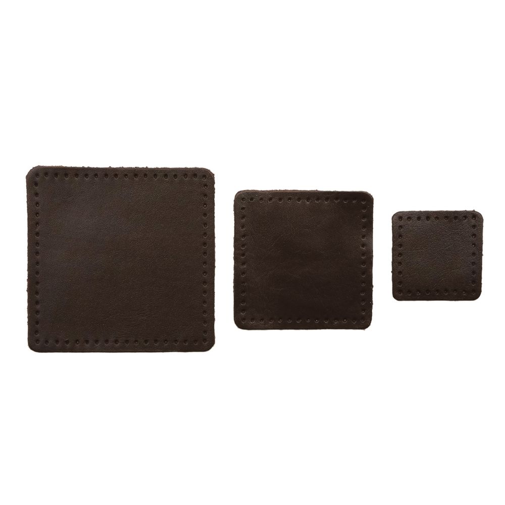 Набор заплаток пришивных из кожи, квадрат 4см, 6см и 8см, с перфорацией, 3 шт, 100% кожа (03 темно-коричневый), 9402