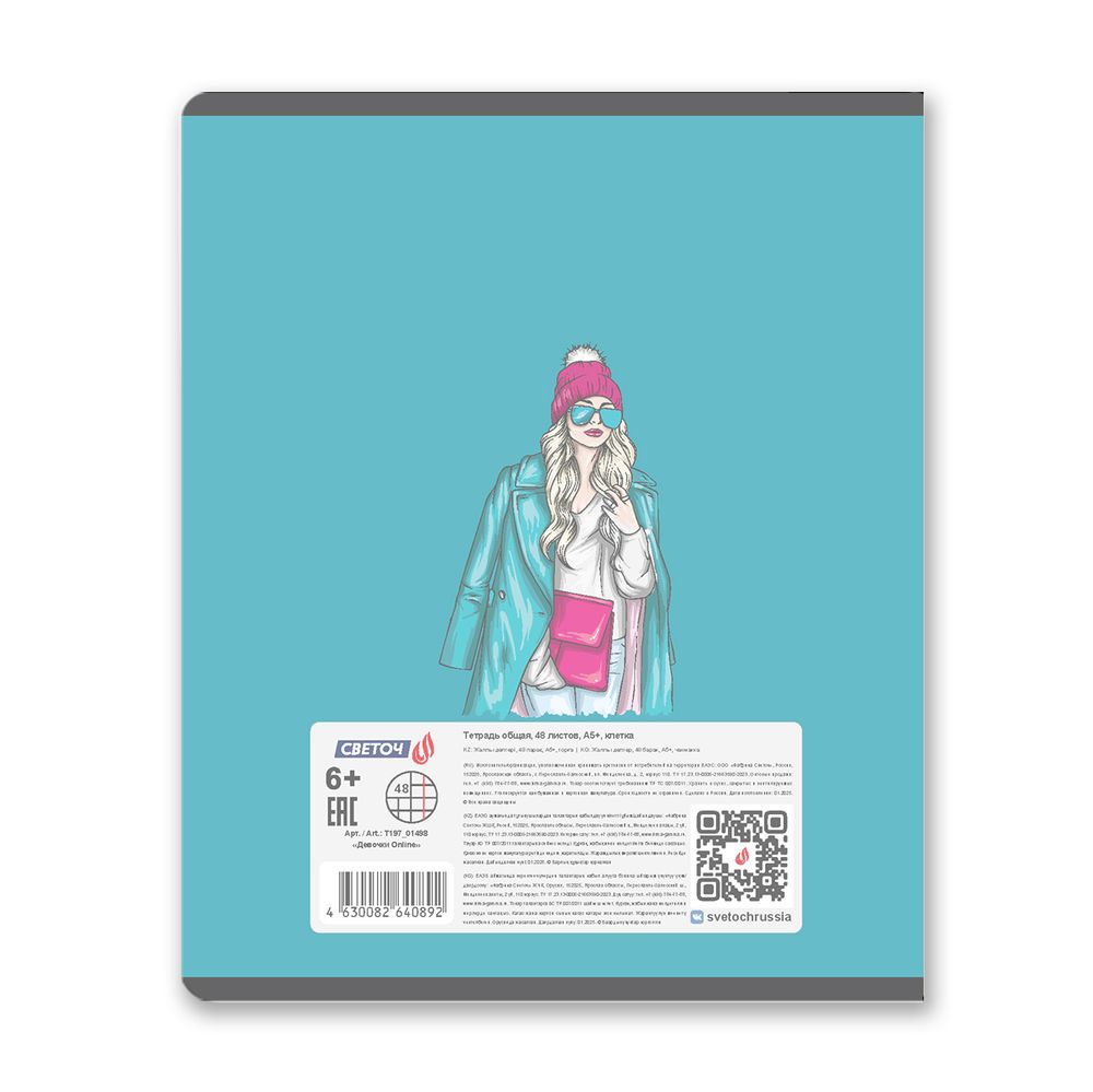 Тетрадь общая с пластик. прозр. обложкой 180 мкм, цвет.запечат.титул лист A5 48 л. на скобе 65 г/м², белизна 100% 10 шт клетка, 01498 Девочки Online, Светоч Т197